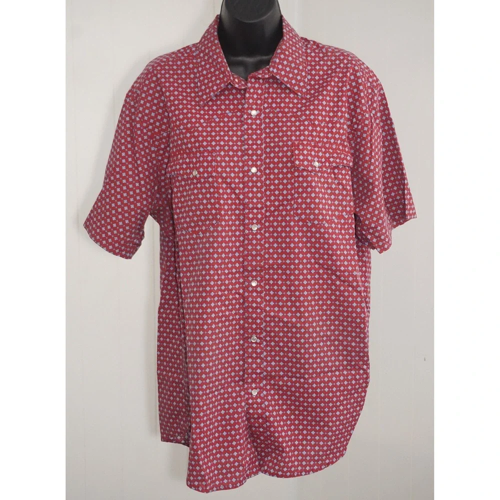 Wrangler Large Wrancher Red Geometric Print Short Sleeve Western Shirt